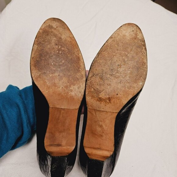 Salvatore Ferragamo 80s Vintage Sz 8 B Black  Embossed Leather Pumps Minor Flaws - Picture 15 of 16